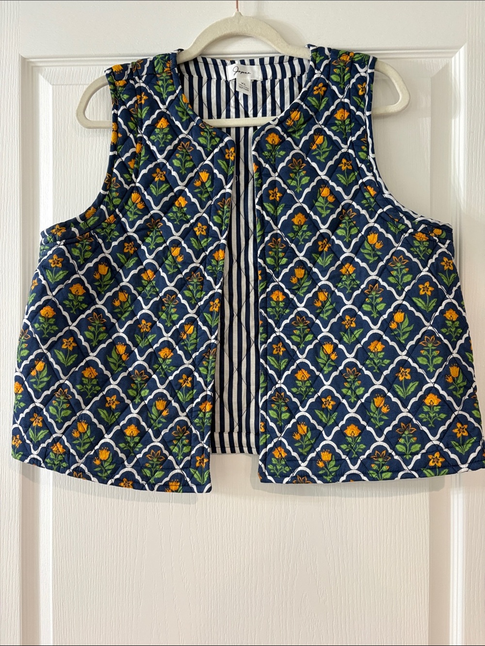 Japna Navy Floral Quilted Vest with Yellow & Green Accents